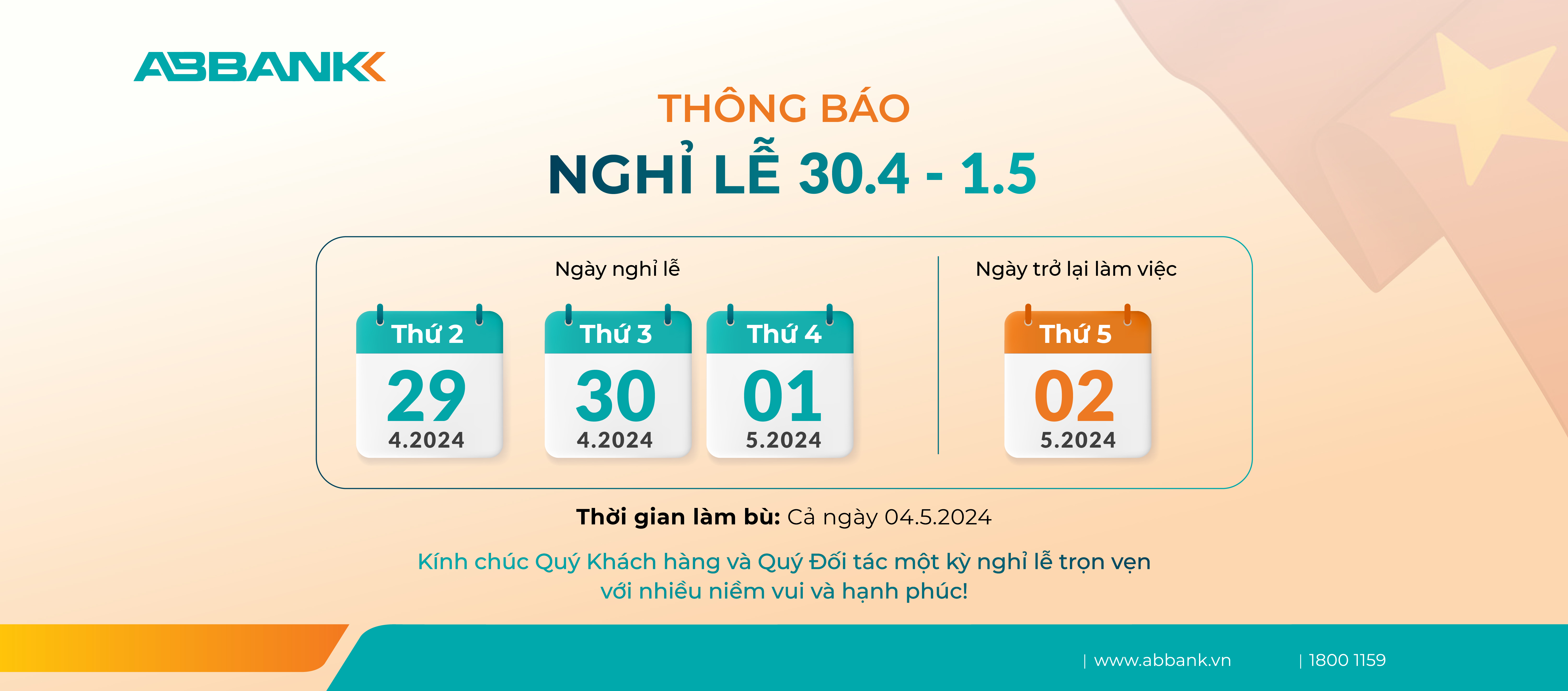 THÔNG BÁO LỊCH NGHỈ LỄ 30/4 & 01/5