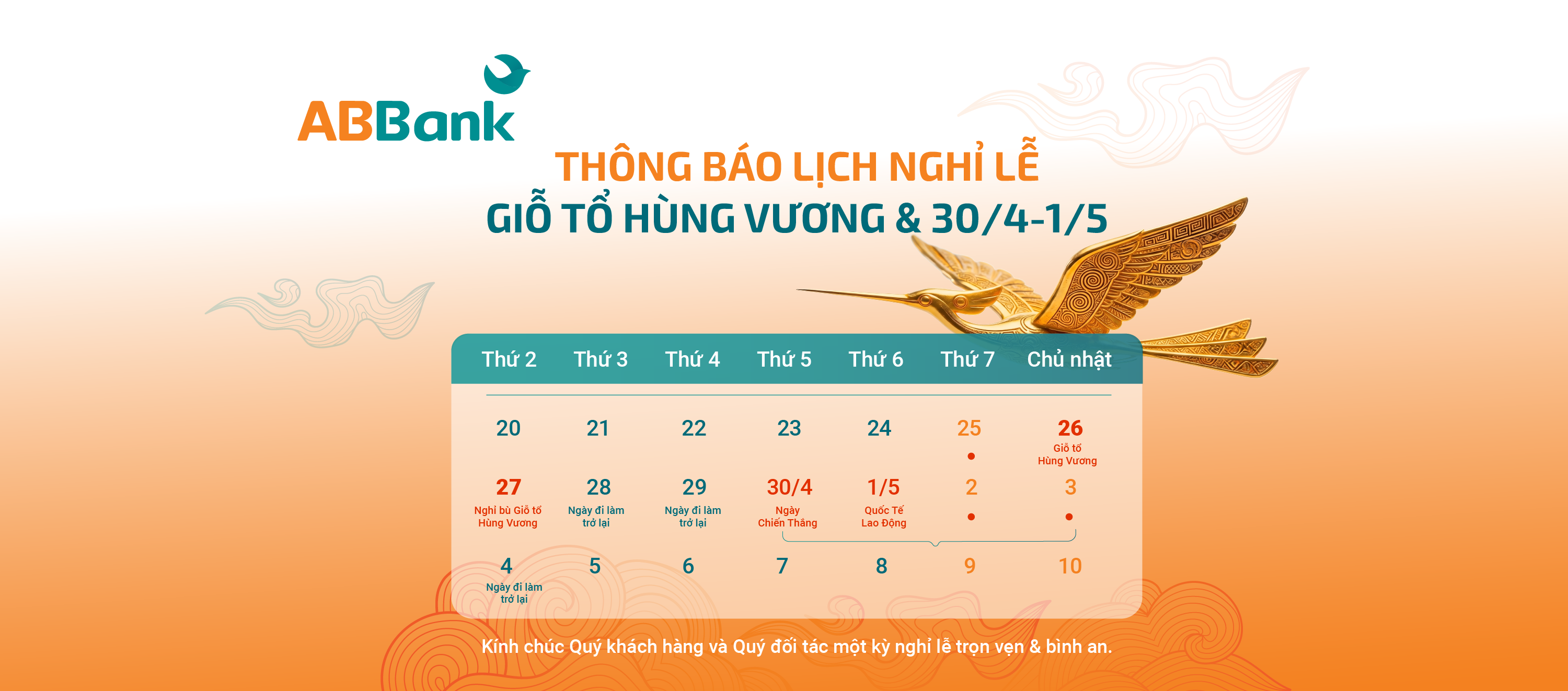 THÔNG BÁO LỊCH NGHỈ GIỖ TỔ HÙNG VƯƠNG, 30/4 & 01/5